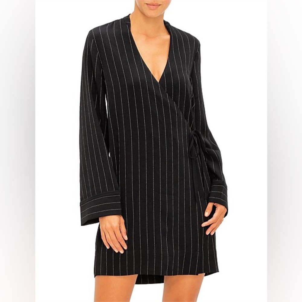 Ganni Heavy Crepe Pinstripes Wrap Mini Dress Black White